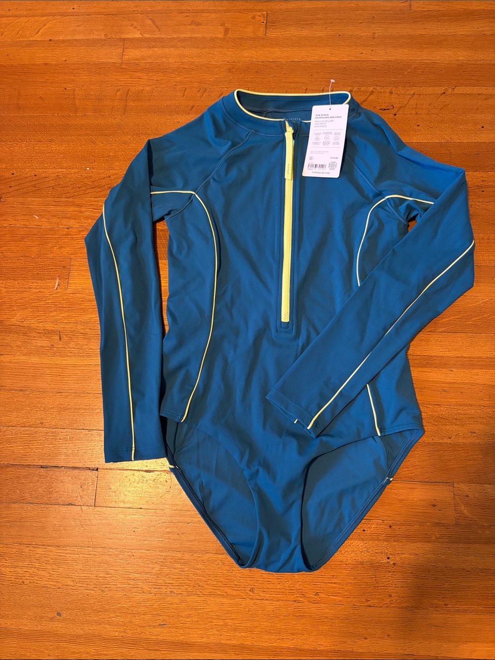 Athleta Teal Long-Sleeve Zip Front Swim One-Piece with Yellow Trim